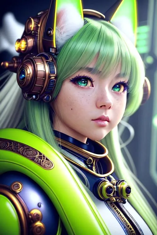 Prompt: ((best quality)), ((masterpiece)), ((realistic)), hd octane render, masterpiece face, intricate hyperdetailed best quality cute girl , cinematic shot, upper body, centered, 80mm lens, perfect angle ,dynamic pose, hyperdetailed steampunk spaceship interior, long hair, fluffy , neon green ombre hair , space suit wear , cat ear headshet, blue lens eyeglasses
, hyperdetailed, hyperdetailed face, gloss lips, (detailed beautiful blue eyes, detailed mouth and lip, detailed face, expressive), cinematic lighting, volumetric lighting, studio lighting, neon light, global illumination, reflection, neon reflection, soft shadow,depth of field:0. 4, blur, bloom:0. 2), contrast, vivid color, (Detailed, ultra detailed, finest detail, intricate),