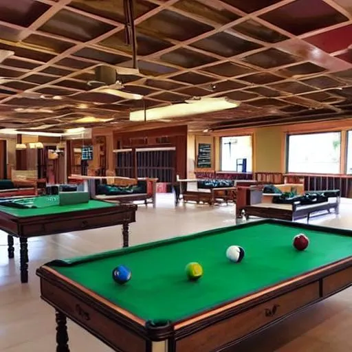 Prompt: I need a few photos for a desgin of covered hall that contains some games like billiard and pingbong in the same place