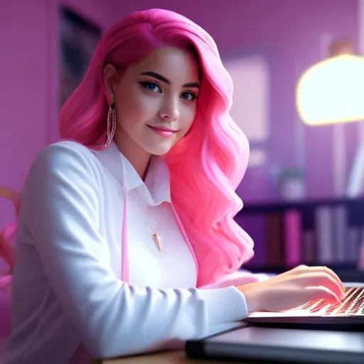 Prompt: Full body Portrait of {teenager typing on laptop in office} with {pink} hair and with cute face, {In the home office hd}, full body, perfect composition, hyperrealistic, super detailed, 8k, high quality, trending art , trending on artstation , sharp focus , Realistic background image hd, intricate details, highly detailed.