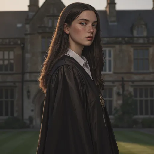 Prompt: The image is a digital illustration
Against the backdrop of an imposing old British college building, a partial side view of a young age20 woman stands with an expression that blends curiosity and contemplation as she gazes sidelong at the viewer. Her long, straight hair cascades over her shoulders, framing a slim beautiful face marked by gentle freckles and striking features. Dressed in a dark college robe adorned with an emblem, she wears a crisp white shirt, embodying a classic academic aesthetic. The atmospheric setting, featuring large windows and neatly manicured lawns, suggests a late afternoon, with soft light illuminating the scene and casting shadows that add depth. This moment captures a blend of youthful innocence and the weight of expectation often felt in educational settings, creating a narrative that resonates with the complexities of adolescence.