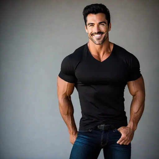 Prompt: Professional photoshoot of a pretty, muscular, man with a small mustache and jet black hair, in a tight, short-sleeve shirt tucked into his jeans, smiling, {defined shredded musculature, broad shoulders}, {sultry}, center frame, studio light, intricate detail, best quality