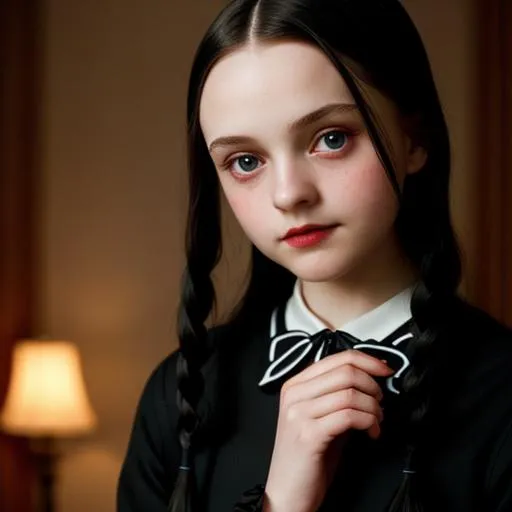 Prompt: Wednesday Addams
Sensual
Passionate
Intimate
Romantic
Tender
Loving
Evocative
Soft focus
Warm lighting
Close-up shot
Gentle colors
Full-body