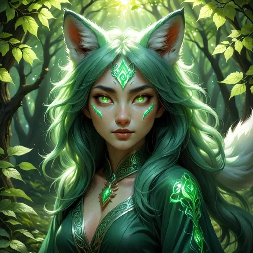 Prompt: Female human kitsune, striking green human face with elegant fox-like features, mystical aura, intricately detailed with vibrant emerald tones, glowing ethereal eyes, enchanting expression, lush forest background, soft dappled sunlight filtering through leaves, captivating and whimsical atmosphere, ultra-detailed style, fantasy theme, magical essence, high-resolution 4K image.