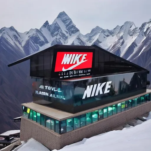 Prompt: nike store on K2 mountain with nike bill board on top with breathtaking view of north.
