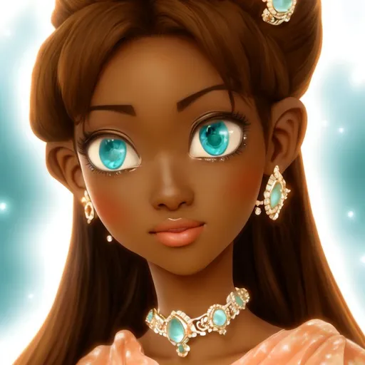 Prompt: Anime, Princess, Teal eyes, Apricot Ballgown, diamond earrings, Ebony skin, HD, 4k, High Quality, Effects, Perfect Render, Exact Copy, No Flaws, Perfect anatomy.