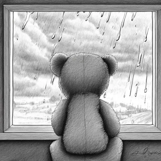 Prompt: Teddy bear looking out window on a stormy day. Drawn art. From the back. Colour. Light on in the room. Raining.


