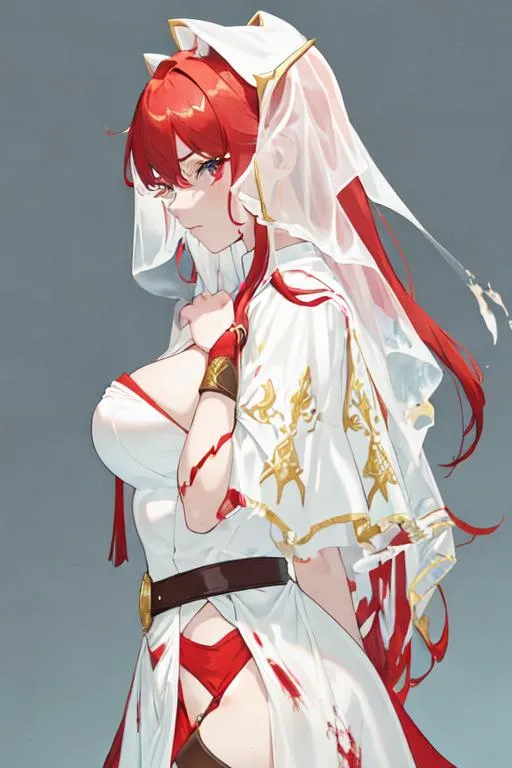 Prompt: Haley as a horse girl with bright red side-swept hair, crying, holding a dagger, covered in blood, wearing a blood stained red and gold torn wedding gown