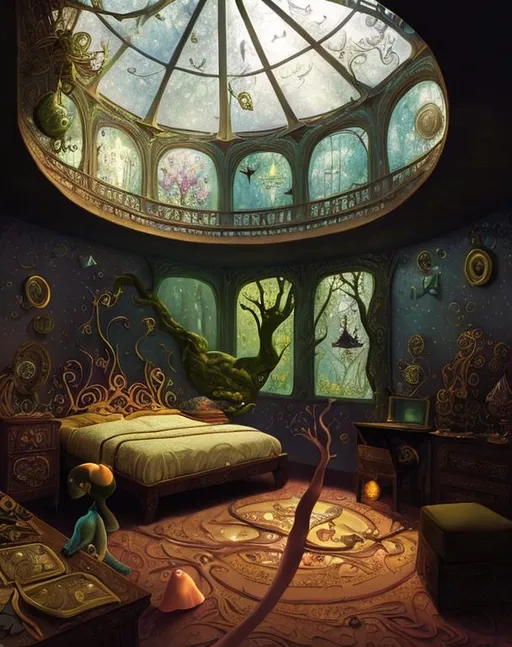 Prompt: A magical sparkling bedroom that makes your dreams true when you sleep. By Gediminas Pranckevicius, Philipp A. Urlich, Laura Hollingsworth, Jacek yerka, Ivan Bilibin, Catrin Welz-Stein. Whimsical, iridescent.