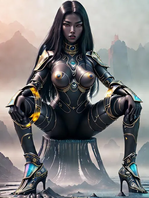 Prompt: splash art, hyper detailed, hyper realistic, highly detailed, dark, surreal heavy mist, floating at the edge of the Universe, on an alien planet, 

create a computer generated exquisite, beautiful, ultra realistic young adult Asian hologram of a female Time Lord,  wearing highly detailed and obsidian and gold armor,

Gorgeous detailed facial features, long legs, vibrant sumptuous, perfect body, ultra pale, visible midriff, heavy iron collar, 

Perfect studio lighting, perfect shading. HDR, UHD, high res, 64k, cinematic lighting, special effects, hd octane render, professional photograph, trending on artstation, .