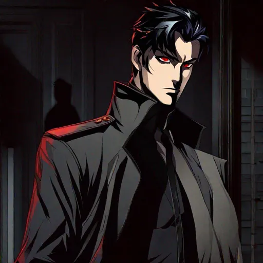 Prompt: Damien (male, short black hair, red eyes) stalking someone, lurking in the shadows with sadistic look on his face