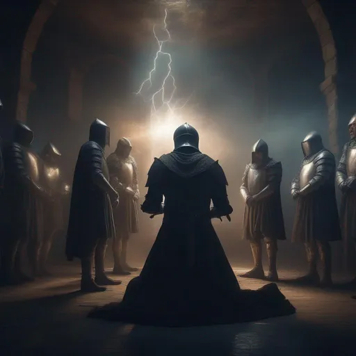 Prompt: Medieval knight brotherhood having an initiation, standing in circle, one knight kneeling in middle, creepy lighting and atmosphere, castle has a hole in ceiling and lightning flash flashing through, fantasy max detail 8k