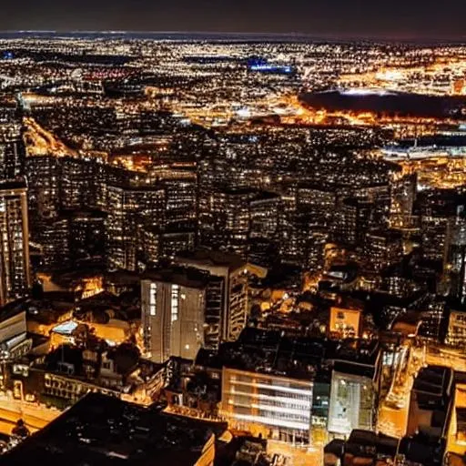 Prompt: The view from a penthouse looking over a city skyline at night with all the lights twinkling in the background