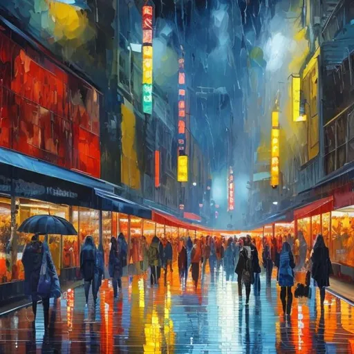 Prompt: oil painting, realistic, vibrant colors, people walking in a crowdy street, some people wearing umbrellas, light rain, illuminated shops, in the evening, many details