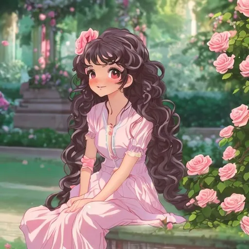 Prompt: A beautiful girl sitting in beautiful rose garden she has curly wavy hairs in anime style
The boy is sitting next to her with rose bouquet looking at her