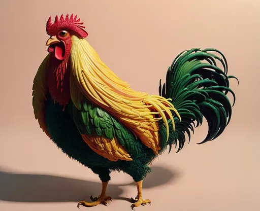 Prompt: Render of a rooster made out of citrus fruits, intricate, detailed, Tim burton, weirdcore, colorful, cinematic framing, diffuse lighting, ray tracing, lemons