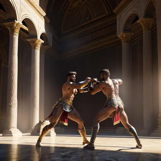 Prompt: 3D, HD, Dramatic, Epic, Spectacular, Cinematic lighting, Two Gladiators locked in combat in a grand hall of the Emperor's palace in 1st century Rome as a crowd of Aristocrats go wild with excitement!, ultra detailed full body artistic photography, detailed rugged Gorgeous detailed face, shadows, oil on canvas, brush strokes, ultra sharp focus, ominous, matte painting movie poster, golden ratio, epic, intricate, cinematic character render, hyper realistic, 64K --s98500