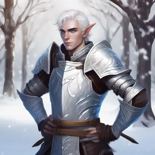 Prompt: DND a male elf with short wavy white hair and blue eyes wearing plate armor in a snowy park