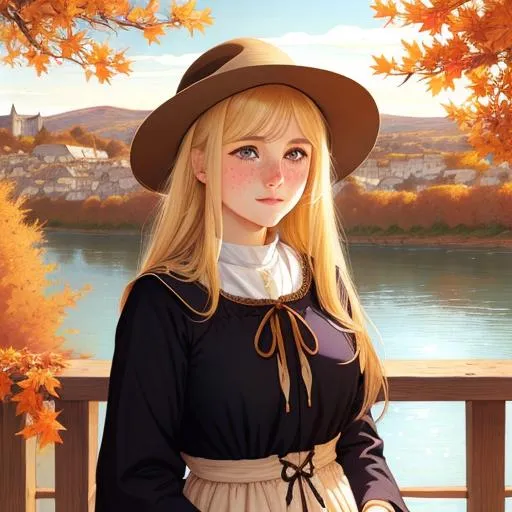 Prompt: Cute blonde pilgrim girl with freckles, detailed face, perfectly round pupils. by Waterhouse and Loish. Autumn riverside, distant town background