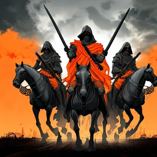 Prompt: DEATH from the four horsemen of the apocalypse wearing an orange safety jacket with a safety light on the scythe with horse and rider facing forward with a transparent background.