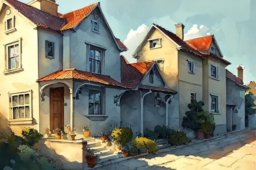 Prompt: a beautiful two story house in a beautiful village, illustrated, dawn, sunrise, good brightness