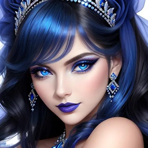 Prompt: a Sapphire lady, feminine elegant princess ,  dark hair, large blue eyes, wearing jewls in her hair,  beautiful makeup, blue eyeshadow, dark pink lipstick, facial closeup