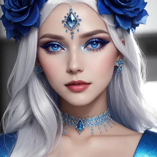 Prompt: A beautiful woman, white hair, blue eyes, blue eyeshadow, blue jewels on forehead