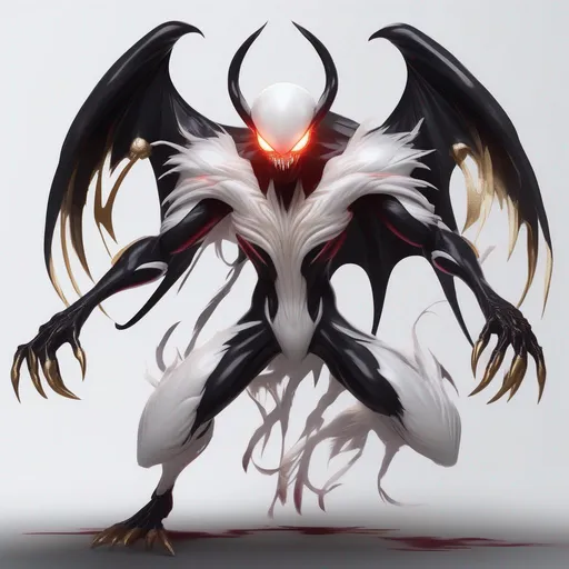 Prompt: pale white symbiote with crimson glowing eyes, iridescent white feathered wings, black and gold, nightmare fuel, Masterpiece, Best Quality, in cartoon style