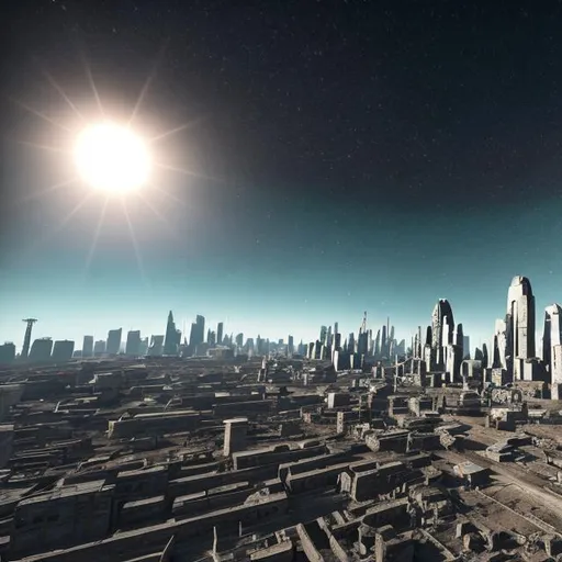Prompt: ruined city skyline, ultra clear sky, earth stripped atmosphere, sun, mid day, no clouds