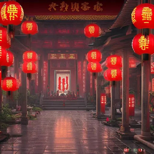 Prompt: (Hyper realistic) a cyberpunk Buddhist temple with red lanterns oil painting realistic 