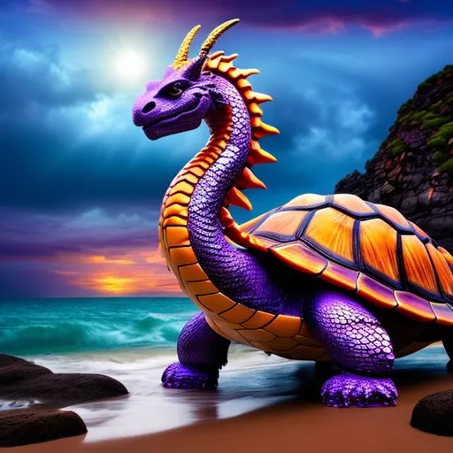 Prompt: Dragon, turtle, shell, large, fantsy, rocky shore, purples reds blues pinks oranges, sun set, magic, dark, spooky, adventure