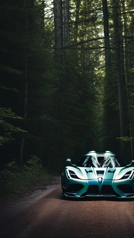 Prompt: koenigsegg regera wide body heavily modified at illegal meet, dark and shadowy background, in the Canadian forest, 30 minutes after sunset, long depth of field.