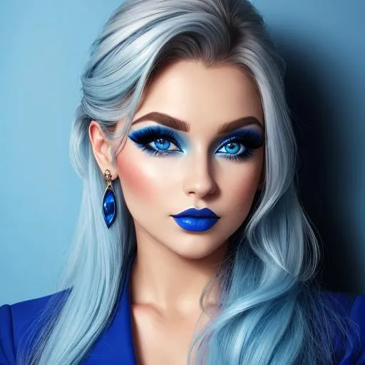 Prompt: A woman all in blue, blue eyes, pretty makeup