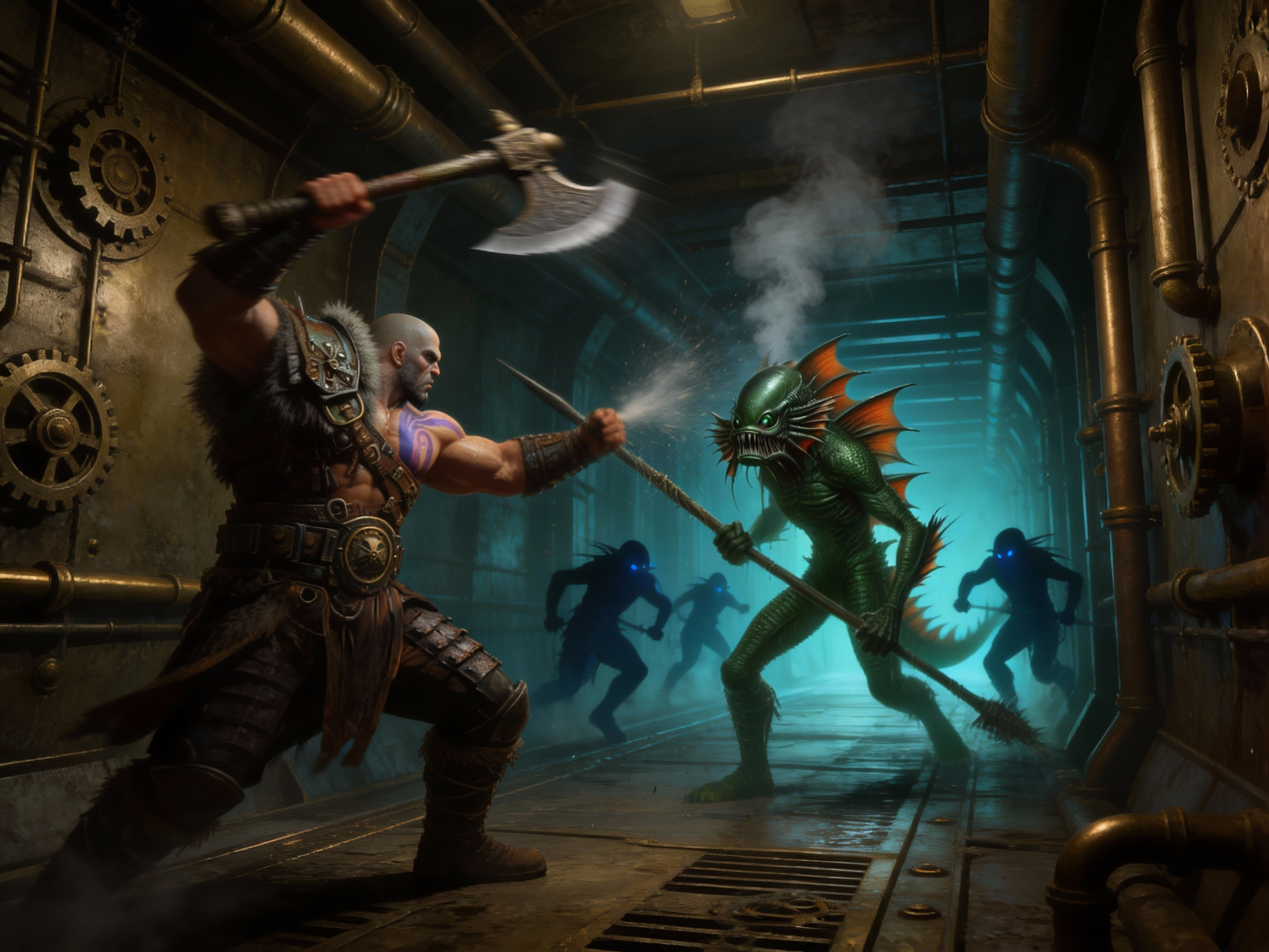 Prompt: Blurred motion as Character 1 brutally slams his axe into the chest of character 2, staggering it as it thrusts its spear. Several copies of character 2 charge in the background. In a flooding bronze steampunk corridor. dim blue-green light