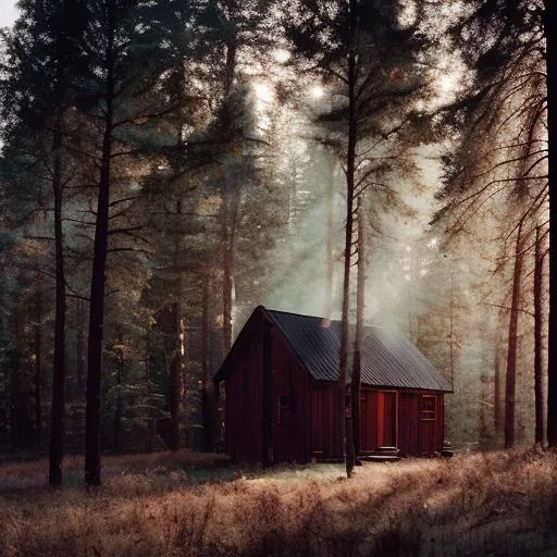 Prompt: A cabin in the midst of a dark forest with a faint light coming from the window