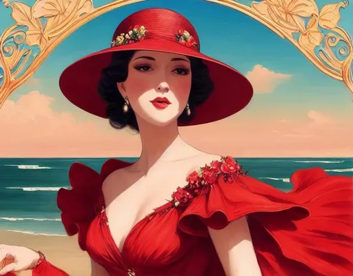 Prompt: elegant lady in a red long dress in the whole body on the seaside. she is wearing a hat with fancy flowers. illustration for fashion magazine in art nouveau style. hyper detail clear focus by Demiurge Ash, Irina French, Dang My Linh, pino daeni 