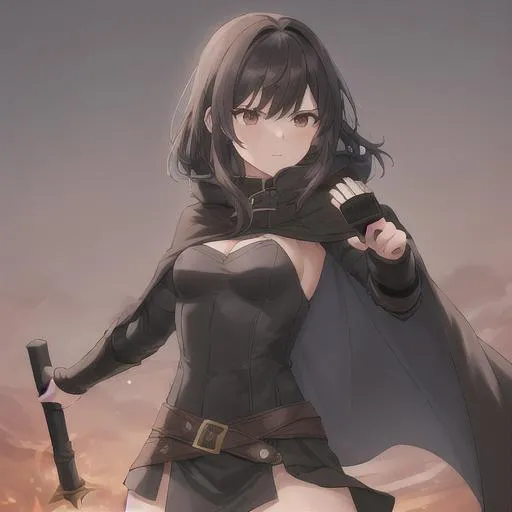 Prompt: female human shadow sorcerer fighting. lean, athletic build and flowing dark brown hair.  She is small bosomed. 

She wears a long cloak made of dark gray wool, lined with gray fur. Brown undershirt. leather bodice, dark gray skirt. knee-high boots. flying