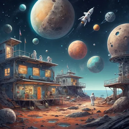 Prompt: Moon, dust, stars, planets, space station, lunar exploration equipment, astronauts, rockets, sea of ​​stars, potholes, modern houses, spaceships,Fantasy illustration, high quality, rich details, charming atmosphere, bright colors, intricate details, charming and lively, magical creatures, fantasy, whimsical, high resolution