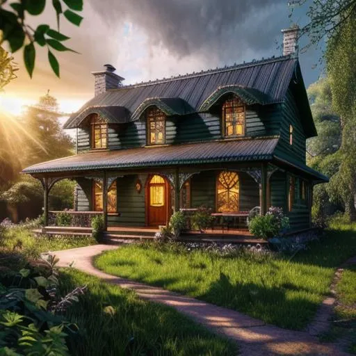 Prompt: Medium shot super detailed lifelike illustration, intricately detailed, rays of sunlight cloudy dark   skies detailed  cottage  , in enchanted forest , a frog on a window 
masterpiece photoghrafic real digatal ultra realistic hyperdetailed 

iridescent reflection, cinematic light, movie 
 Lots of vines n leaves rust old looking,

volumetric lighting maximalist photo illustration 4k, resolution high res intricately detailed complex,

soft focus, realistic, heroic fantasy art, clean art, professional, colorful, rich deep color, concept art, CGI winning award, UHD, HDR, 8K, RPG, UHD render, HDR render, 3D render cinema 4D