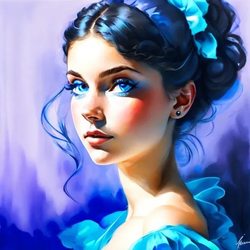 Prompt:  Girl with blue eyes wearing a blue dress, closeup