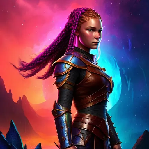 Prompt: Digital art, woman viking, ((bright colors)) (((DreamShaper Version 1))), Berk of How to Train Your Dragon, subtle smile, red hair, cornrow braids, blue eyes, black gear, black armor, unreal engine, 8k octane, 3d lighting, full body, full armor