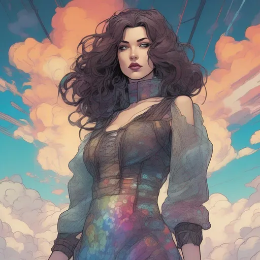 Prompt: A colourful and beautiful head to toe Persephone as a cyberpunk woman with brunette hair wearing an old vintage lacy dress, with clouds for hair in a painted marvel comics style