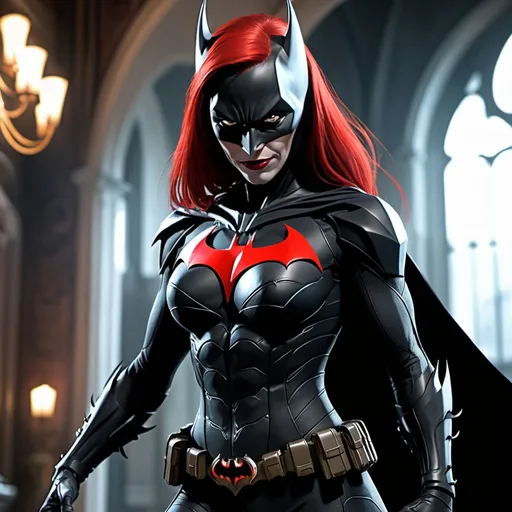 Prompt: Female demon Batman, malicious, sinister, red hair, indoor Wayne manor, black and red Batman suit, sinister smile, battle stance