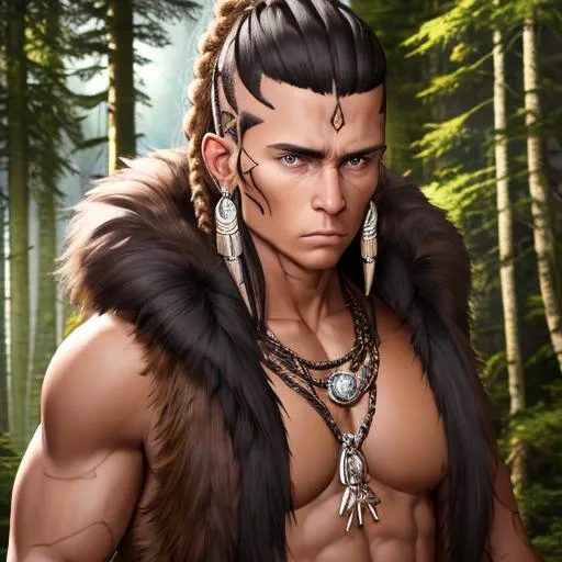 Prompt: portrait of a (young handsome tribal sorcerer in a sleeveless fur jacket, with arcane tattos and a undercut black viking braid, tanned skin) , forest hut background, D&D setting, detailed face, smooth, perfect composition, hyperrealistic, super detailed, 8k, high quality, trending art, trending on artstation, sharp focus, studio photo, intricate details, highly detailed, by matte digital illustration, by koyorin, donato giancola, pixiv