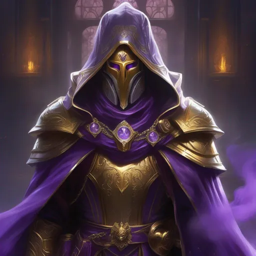 Prompt: A male genestealer hooded cult leader, full face golden mask, cloack made of purple smoke(((handsome))), Perfect hands, perfect Arms, hold a silver cage, Skimpy Outfit, Cleavage Window, Purple Robes, golden Jewelry, warhammer 40000.