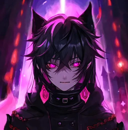 Prompt: Boy demon fox with horns and purple eyes, black hair