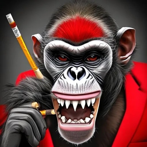 Prompt: A gangster monkey with diamond teeth and cigarettes and red eyes and a beautiful smile

