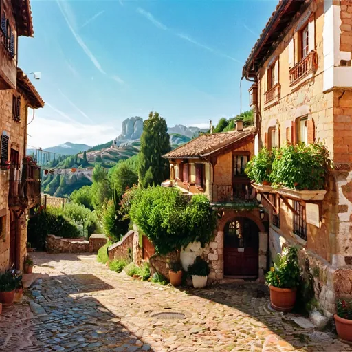 Prompt: Beautiful Vista in a Spanish Mountain Village, (picturesque scenery), vibrant colors, charming architecture with terracotta roofs, lush green hillsides, clear blue sky, warm sunlight casting soft shadows, (serene atmosphere), traditional village texture, cobblestone streets winding through homes, distant majestic mountains, (ultra-detailed), (4K) imagery, inviting and idyllic setting, (landscape inspired by impressionism).