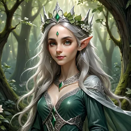 Prompt: Adult slim female elf royalty, graceful posture, ethereal elegance, adorned in intricate silver and emerald robes, wearing a delicate crown, long flowing hair adorned with flowers, serene expression, surrounded by enchanted forest backdrop, magical soft lighting highlighting her features, enchanting atmosphere, mystical aura, ultra-detailed, high quality.