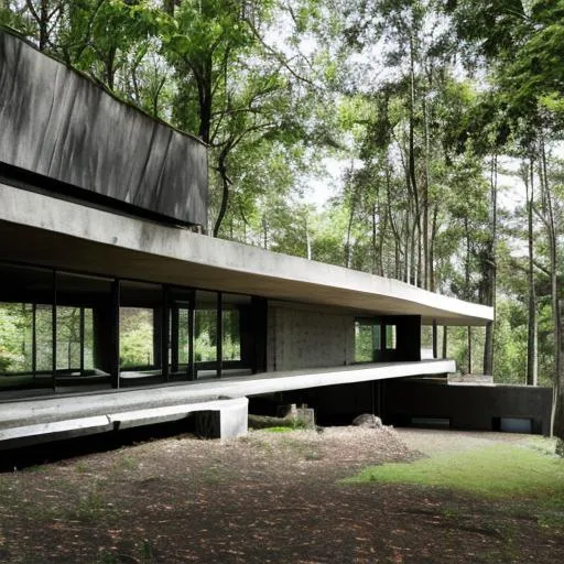 Prompt: brutalist architecture home surrounded by nature