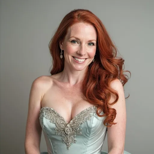 Prompt: Attractive 35 year old woman, long red hair, wearing a ballgown, smiling